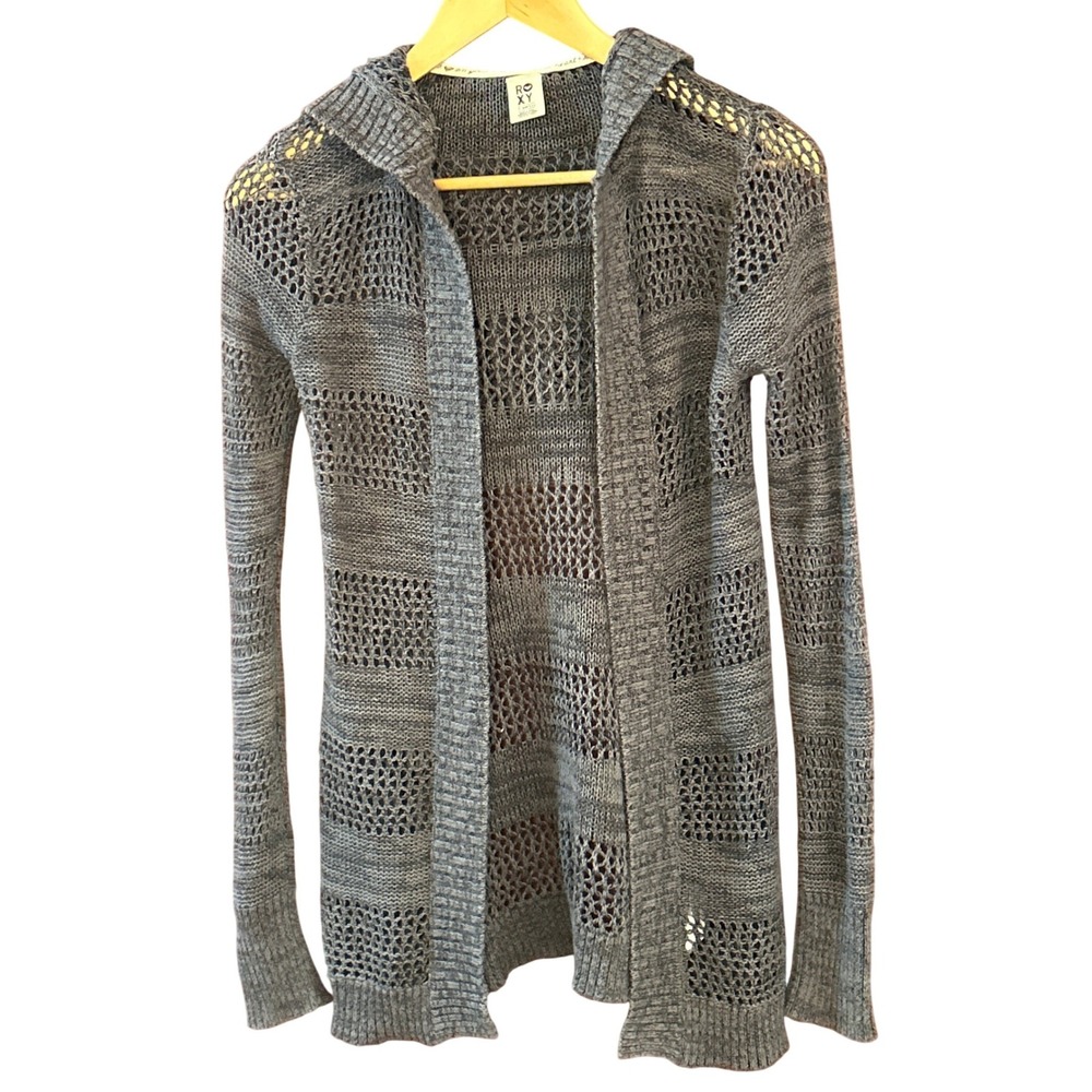Roxy Gray Open Knit Hooded Cardigan XS Lightweight Surf Coastal Casual Y2K